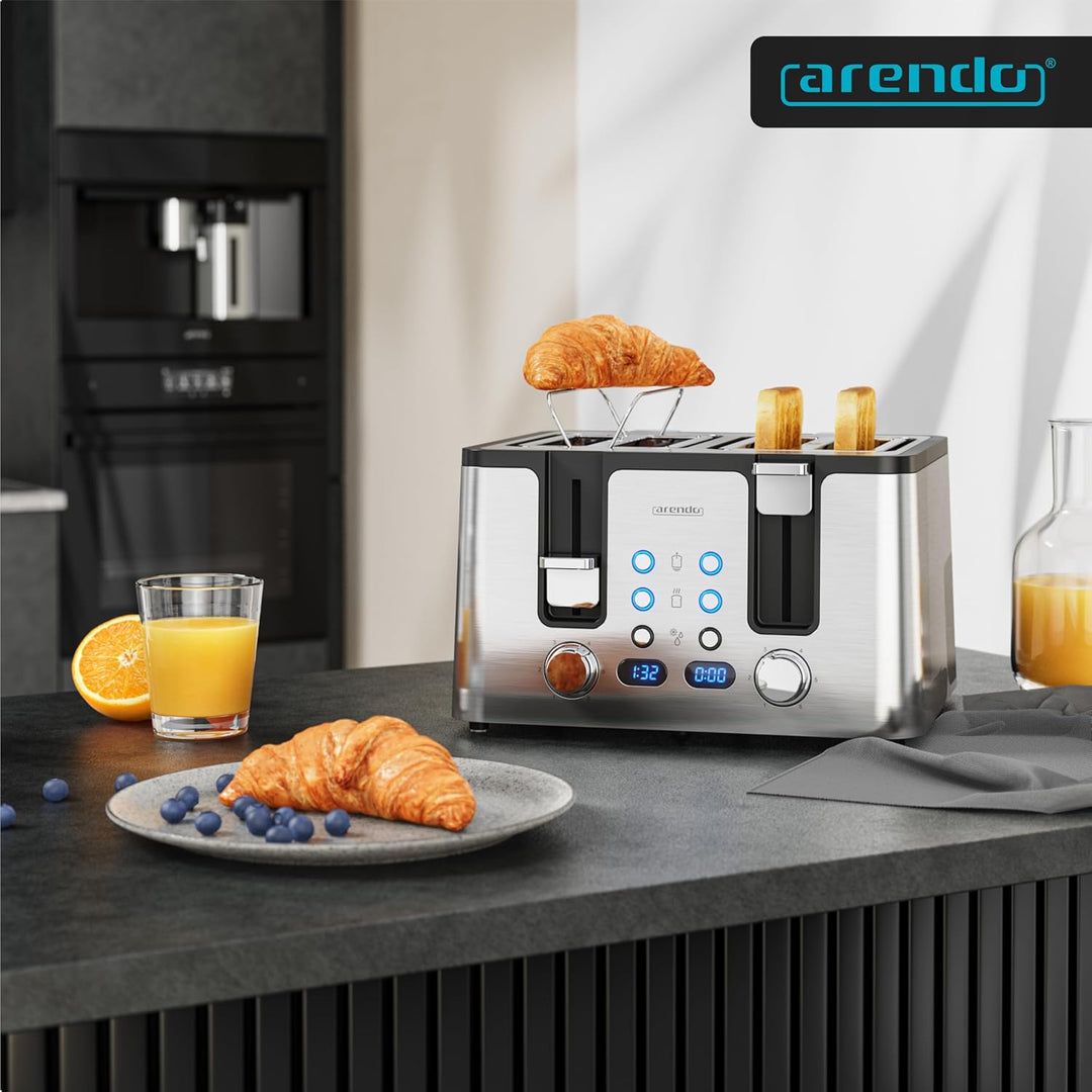 Arendo - Toaster 4 Scheiben Edelstahl - mit Brötchenaufsatz - 4 Schlitze - LED Anzeige Restzeitanzei