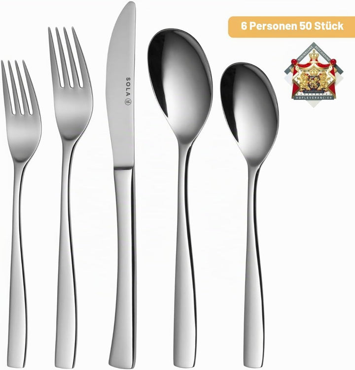 Sola Lotus Besteck Set - 6 Personen Essbesteck - 50 Teilig, 18/10 Rostfreiem Stahl - Robustes &amp; Eleg
