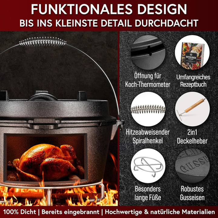 GUSSKÖNIG Dutch Oven Set - Eingebrannter Dutch Oven 4 Liter - Feuertopf Gusseisen ohne Füssen - Schm