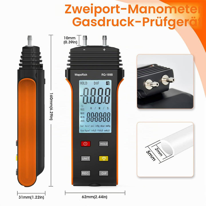 WapoRich Digitales Manometer ±30,00Psi Professionelles Barometer Differenzdruckmessgerät 11 wählbare