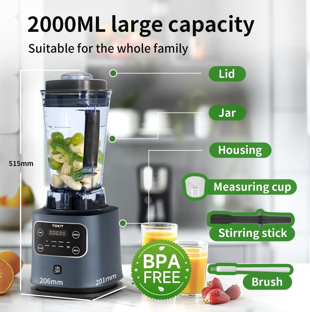 TOKIT 8-EN-1 Standmixer 2000ML, Hochleistungsmixer Pro 1400W Metallmaterial mit Touch LCD und 8 Menü