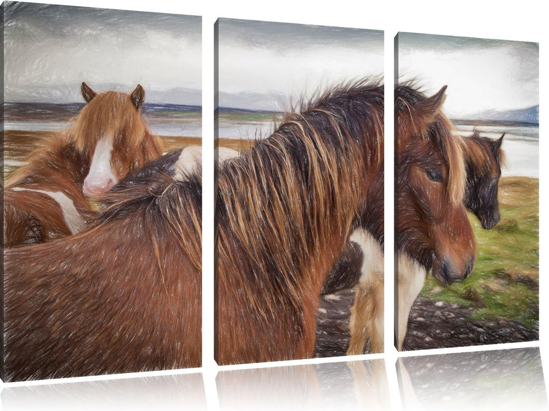 Pixxprint Herde aus schönen Wildpferden Kunst Buntstift Effekt 3-Teiler Leinwandbild 120x80 Bild auf