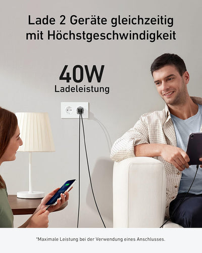 Anker 521 Ladegerät, Anker Nano Pro, Kompaktes 40W PIQ 3.0 Dual-Port USB-C Netzteil, Kompatibel mit