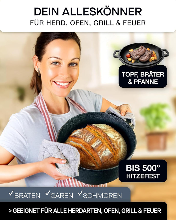 besok Gusseisen Topf Brot backen als Komplettset - Brotbackform mit Deckel inkl. Gärkorb, Schneebese