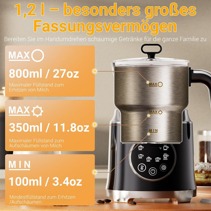 Milchaufschäumer Elektrisch 6-in-1-800ml Automatischer Milchschäumer für Heisse & Kalte Schäume, Spü