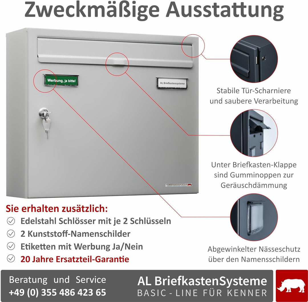 AL Briefkastensysteme Basic 2er Briefkasten RAL 9006 Weiss Aluminium Silber Edelstahl-farbig 2 Fach