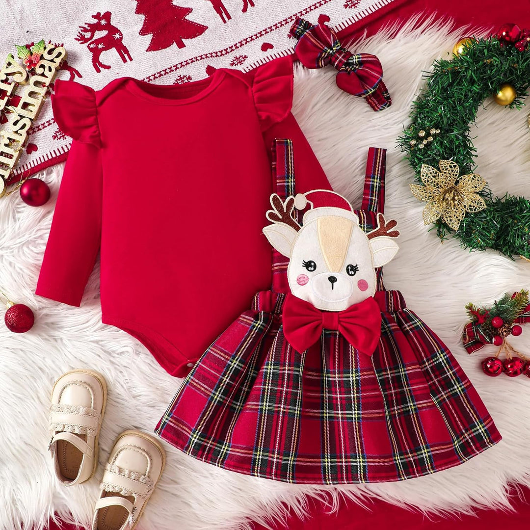 Baby Mädchen Weihnachtskleidung Langarm Strampler Hosenträger Plaid Rock Set Neugeborenen Outfit 0-3