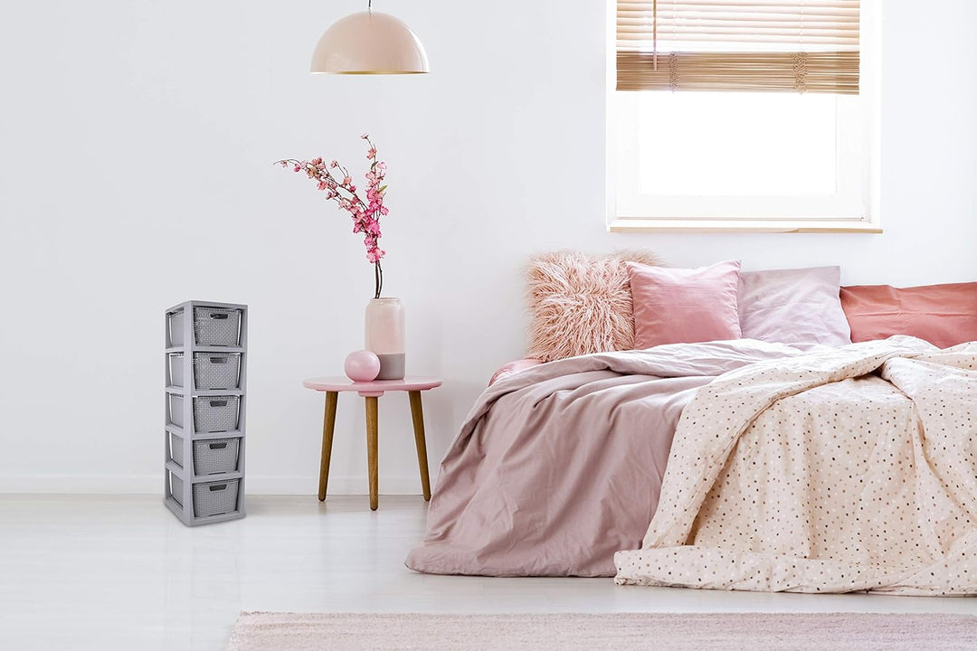 BranQ - Home essential Regal in Rattan Design, BPA-freie Kunststoff PP, Hellgrau, 29,5 x 24 x 80 cm,