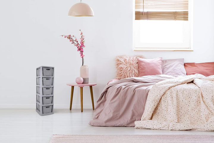 BranQ - Home essential Regal in Rattan Design, BPA-freie Kunststoff PP, Hellgrau, 29,5 x 24 x 80 cm,