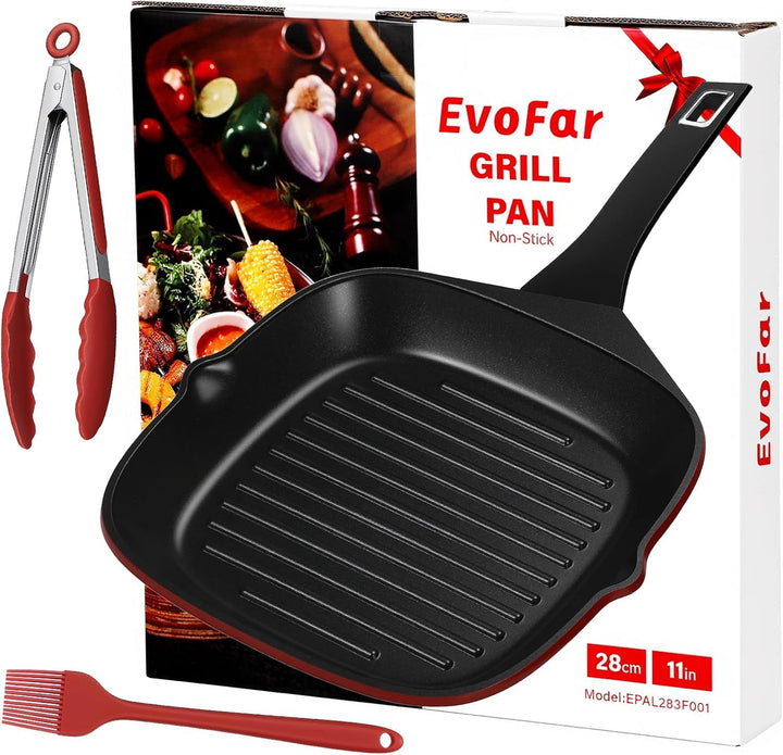 Grillpfanne 28 x 28 cm mit Ausguss, Steakpfanne quadratisch gerillt Antihaftbeschichtetes Aluminium,