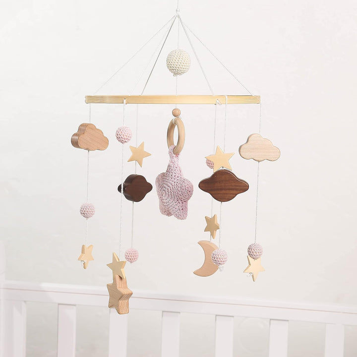 Mobil Baby Windspiele mit Wolken Mond Sterne Handgefertigt Holz Gehäkelt Bettglocke Anhänger zum Auf