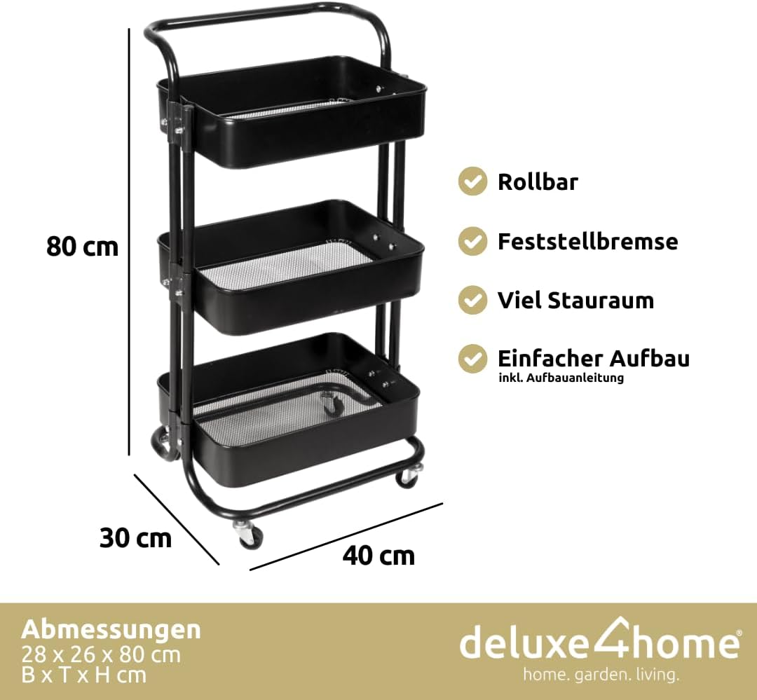 holz4home deluxe4home® Rollwagen mit 3 Ebenen I Servierwagen Küchenwagen mit Griff I Rollen mit Brem