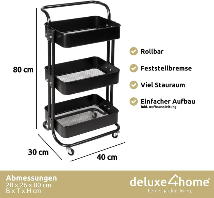 holz4home deluxe4home® Rollwagen mit 3 Ebenen I Servierwagen Küchenwagen mit Griff I Rollen mit Brem