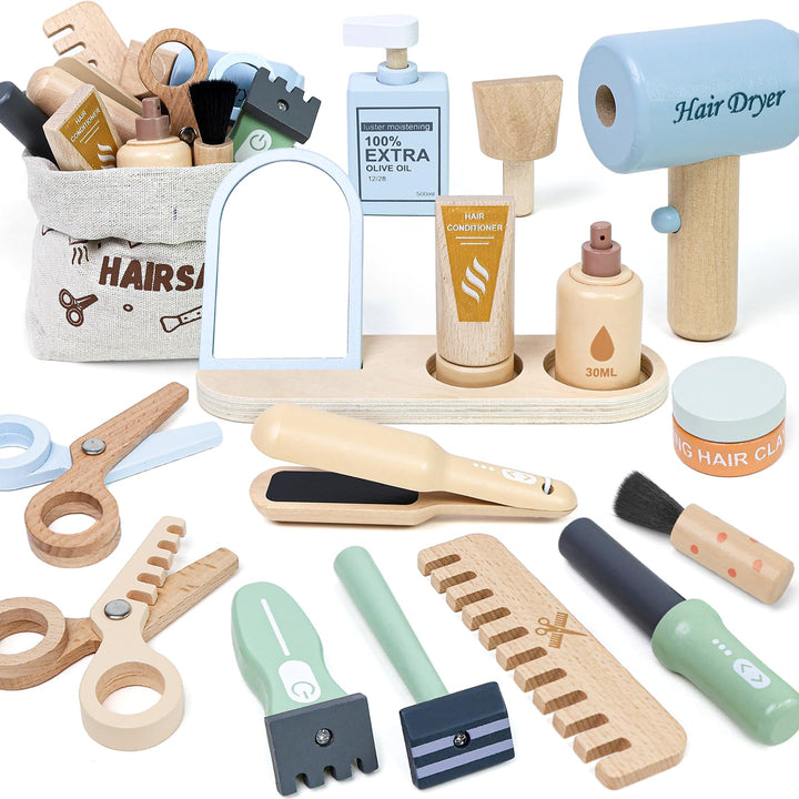 Holz Friseur Spielzeug für Kinder mit Haartrockner, Glätteisen, Kamm, Spiegel und Aufbewahrungstasch