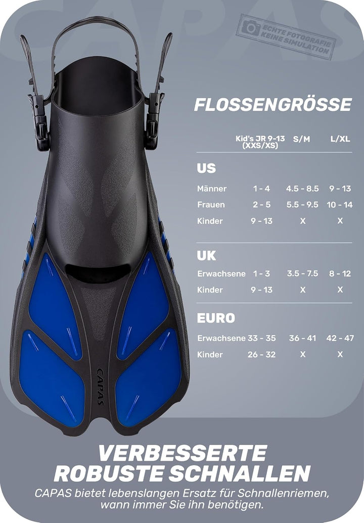CAPAS Schnorchelflossen, Schwimmflossen Reisegrösse Kurz Einstellbar zum Schnorcheln Tauchen Erwachs