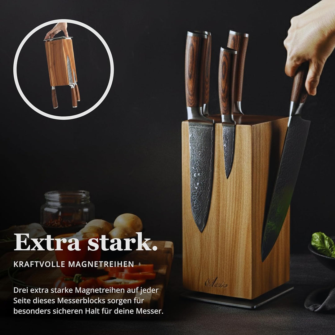 Maestro Messerblock magnetisch 360° drehbar Messerhalter aus massivem Akazienholz mit Edelstahlbasis