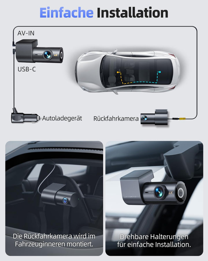 4K Dashcam Auto Vorne Hinten mit GPS 5GHz WiFi, Dual Dashcam 1,5″ IPS Display, Auto Kamera mit 64GB