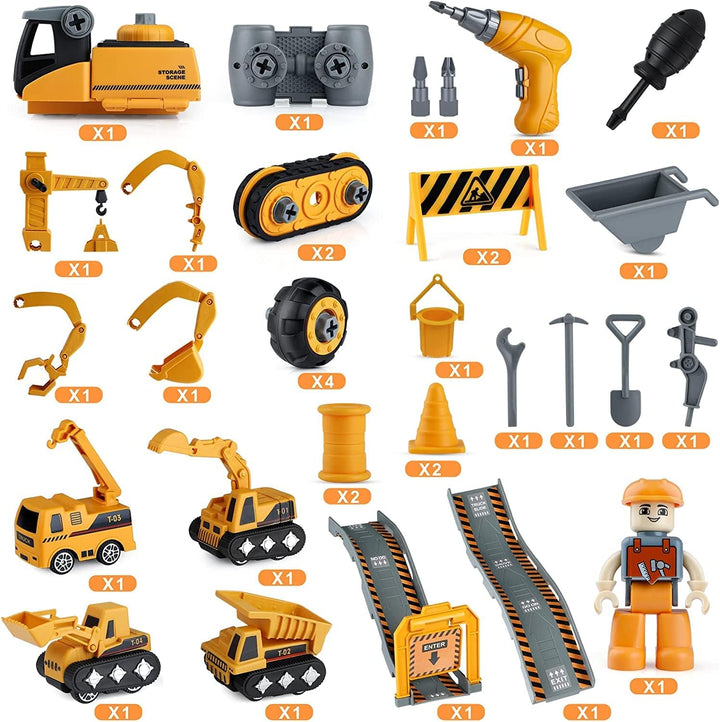 4 in 1 DIY Auseinander Nehmen Auto Toys, Baufahrzeuge Set Gebäude Bagger Kran LKW Spielzeug Interakt
