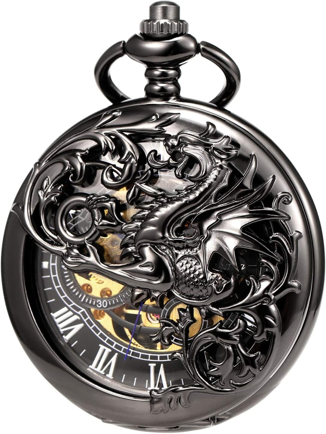 TREEWETO Unisex Taschenuhr mit Kette Analog Handaufzug Doppelscharnier Antik Drache Skelett Bronze 5