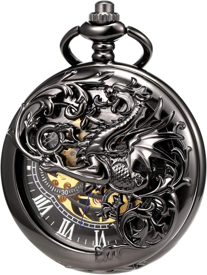 TREEWETO Unisex Taschenuhr mit Kette Analog Handaufzug Doppelscharnier Antik Drache Skelett Bronze 5