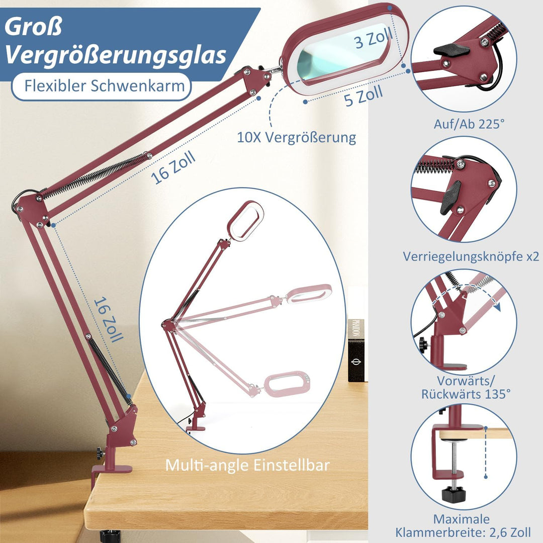 Veemagni 10X Echtes Glas Rechteckige Lupe mit Licht und Klemme, 5 Farbmodi Stufenlos Dimmen, 2 * 16