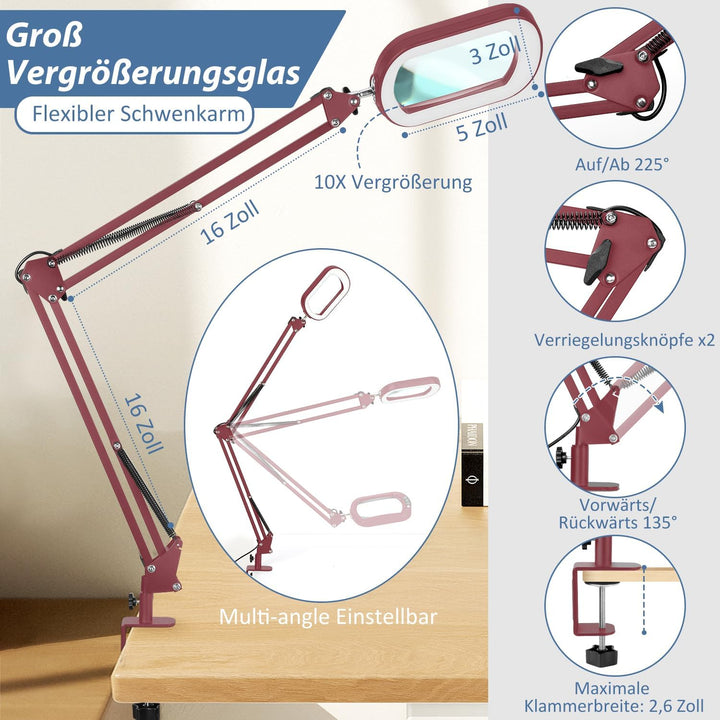 Veemagni 10X Echtes Glas Rechteckige Lupe mit Licht und Klemme, 5 Farbmodi Stufenlos Dimmen, 2 * 16