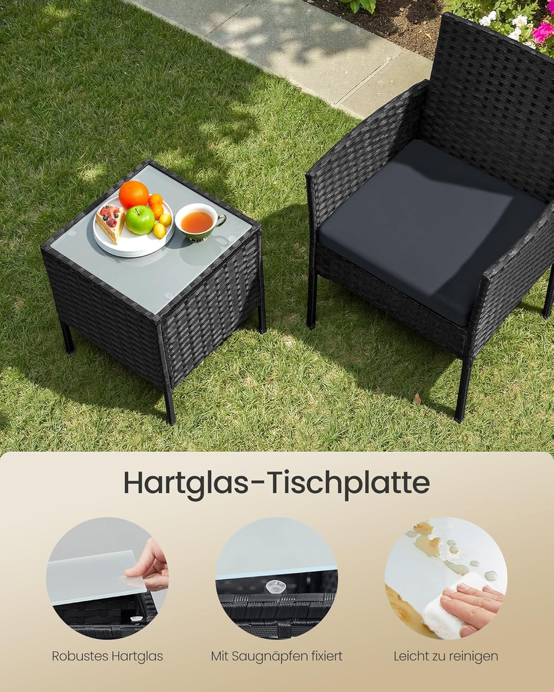 SONGMICS Balkonmöbel, Gartenmöbel-Set, aus PE-Polyrattan, Lounge-Set, Tisch und 2 Stühle, Terrassenm