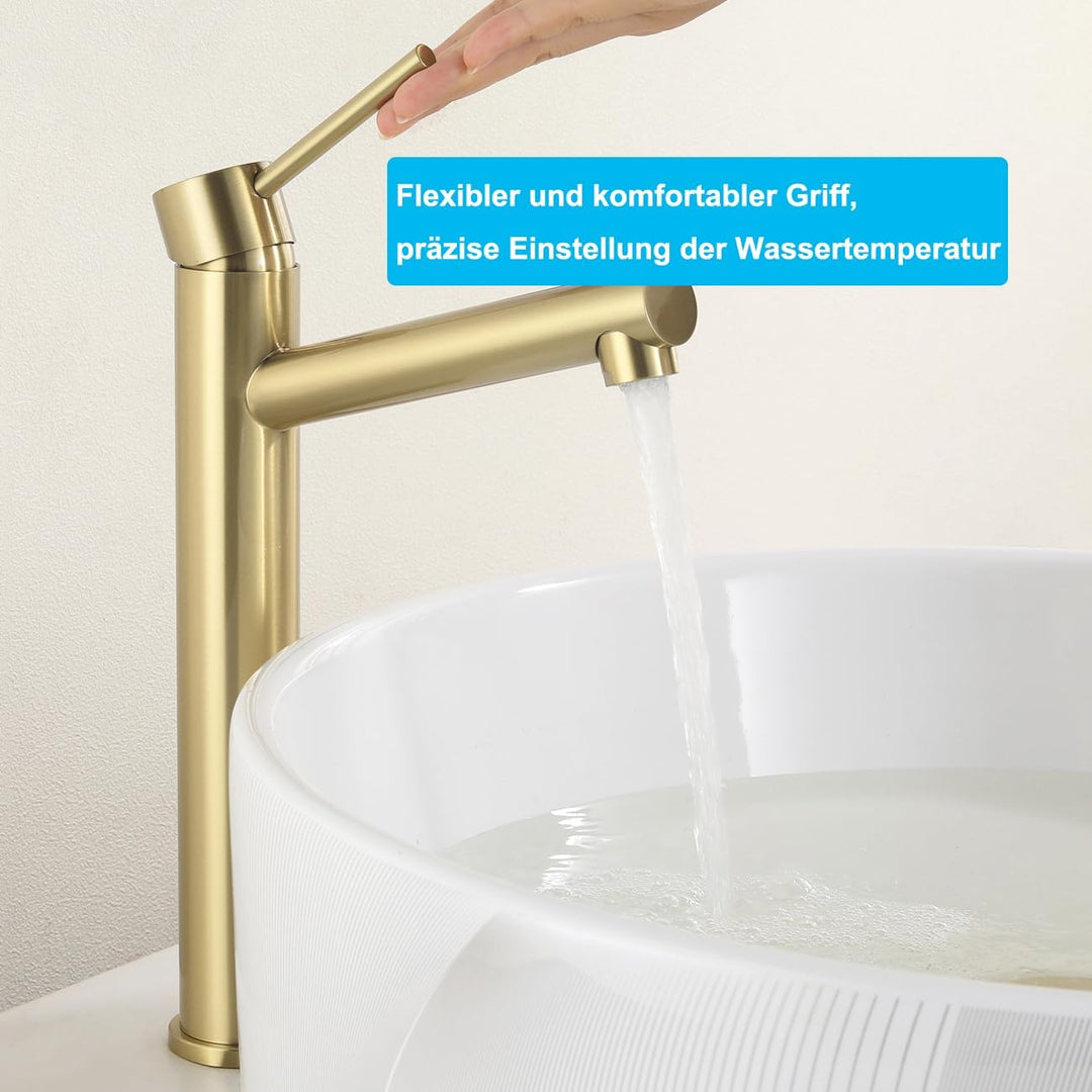 Hoch Waschtischarmatur Matt Gold, Wasserhahn Bad Hohe Armatur für Aufsatzwaschbecken, Einhebelmische