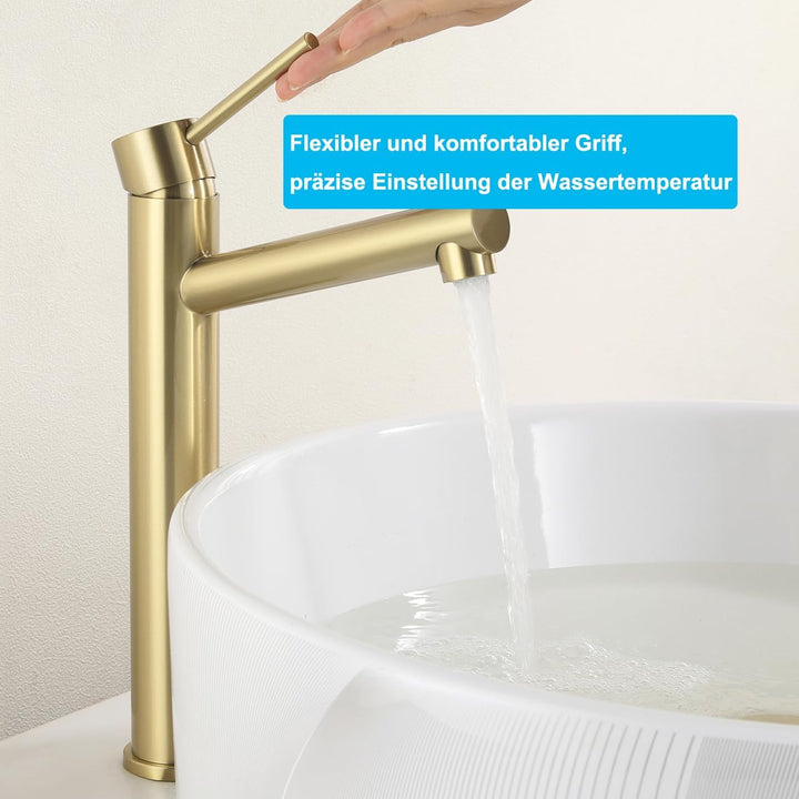 Hoch Waschtischarmatur Matt Gold, Wasserhahn Bad Hohe Armatur für Aufsatzwaschbecken, Einhebelmische