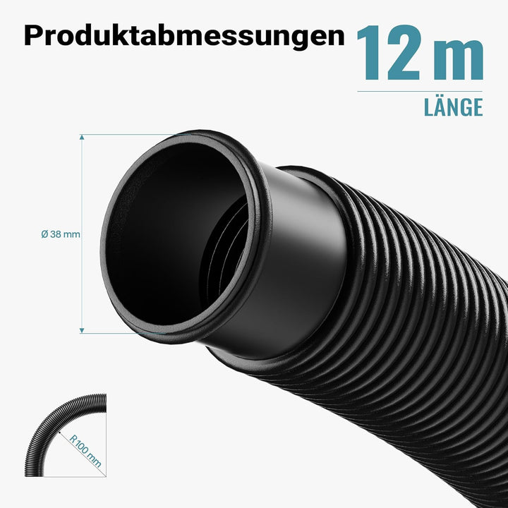 Teichtip ® 12m - 38mm - Solarschlauch schwarz mit Muffe für Pool 190g/m - Made in Europe