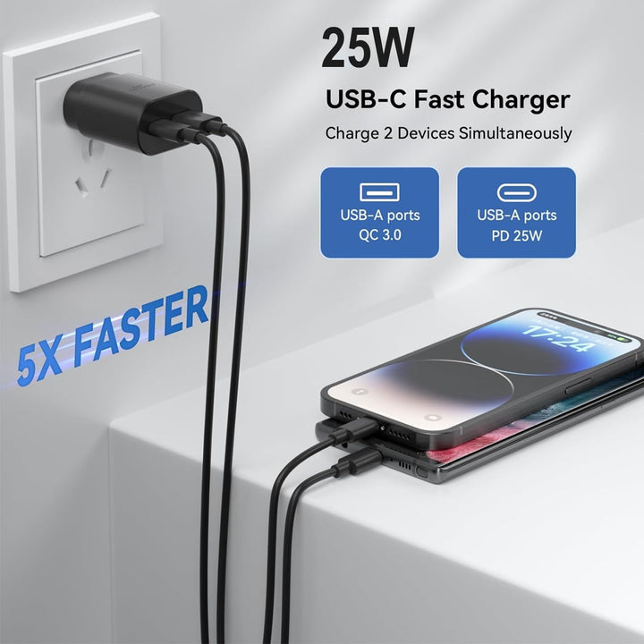 2er Pack USB C Ladegerät mit 2m Schnellladekabel 25W 2Port Schnellladegerät USB A & USBC für Samsung