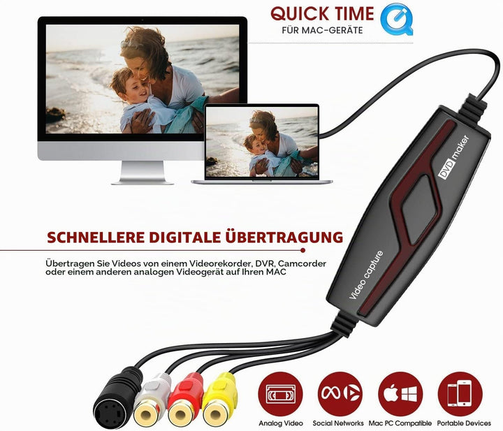 DIGITNOW! Video Grabber Überträgt Hi8 VHS auf Digital DVD für Windows 10 / Mac, Video Capture Karte
