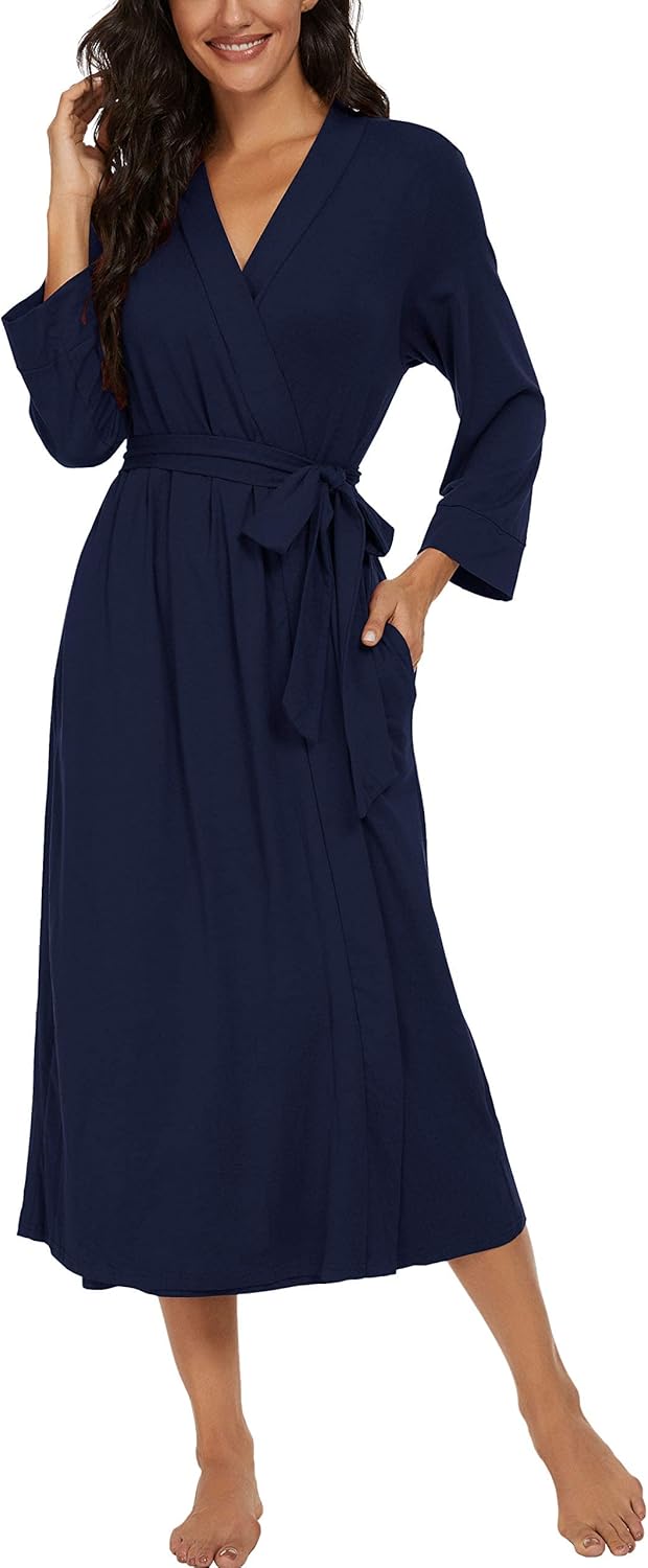 PrinStory Damen Bademantel Leichter 3/4 Ärmeln Morgenmantel V-Ausschnitt Kimono Roben Langes Nachtwä