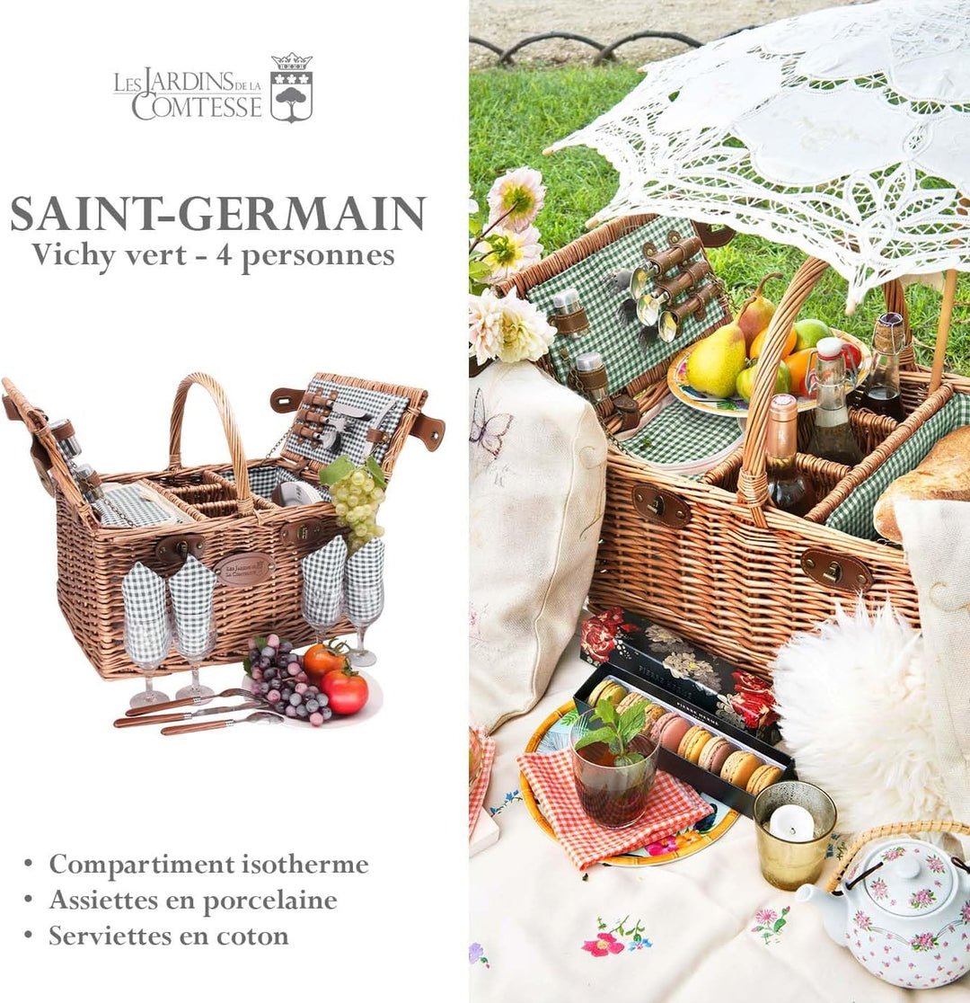 Les Jardins de la Comtesse - Picknickkorb Saint Germain - Braun Weide Honig Farbe - Grün Karierter S