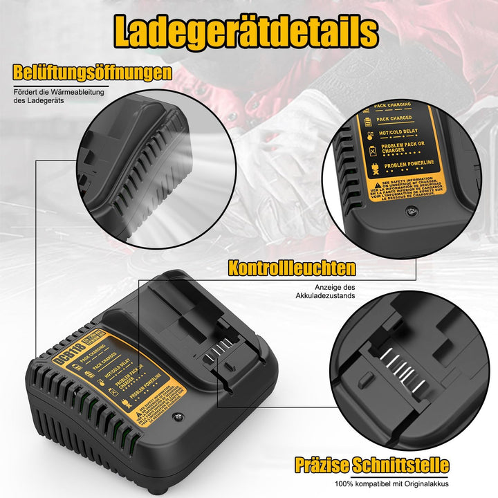 Energup 18V 5000mAh Ersatz für Dewalt Akku + DCB118 Ladegerät für DeWalt 18V DCB184 DCB200 DCB182 DC