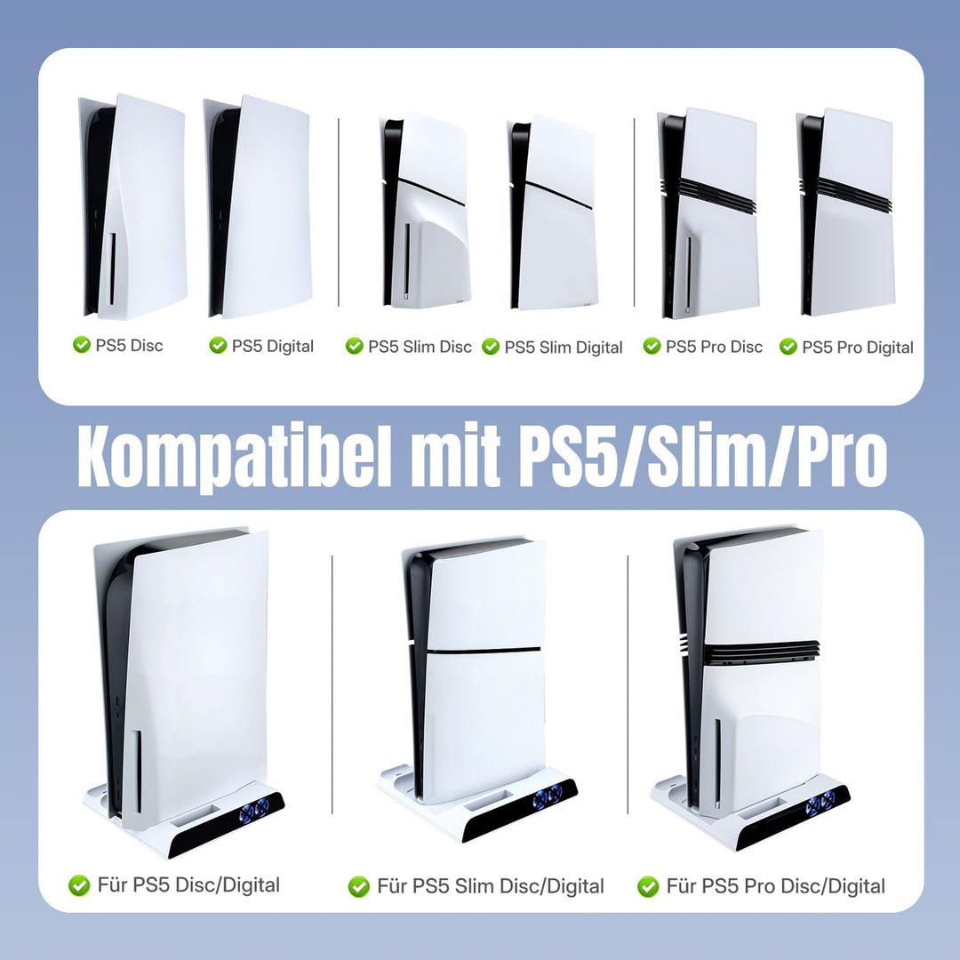 Wigearss PS5/PS5 Slim/PS5 Pro Kühler Standfuss mit Dual Controller Ladegerät, PS5 Controller Ladesta