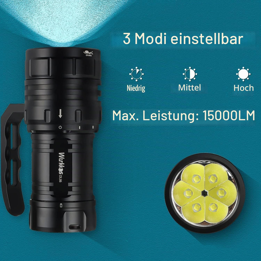 Wurkkos DL06 Tauchlampe, 15000 Lumen Tauchen Taschenlampe Wiederaufladbar, 6* XHP50.2 LEDs Unterwass