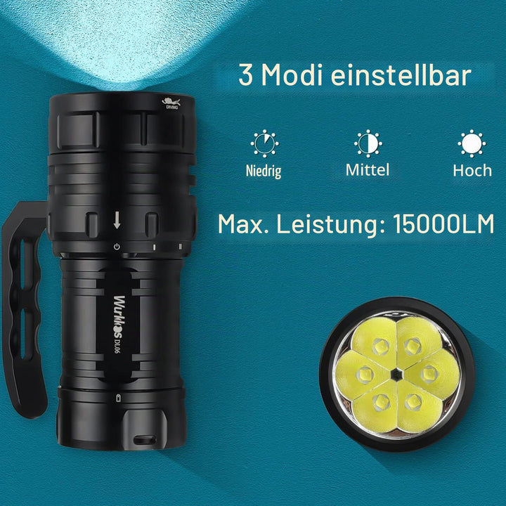 Wurkkos DL06 Tauchlampe, 15000 Lumen Tauchen Taschenlampe Wiederaufladbar, 6* XHP50.2 LEDs Unterwass