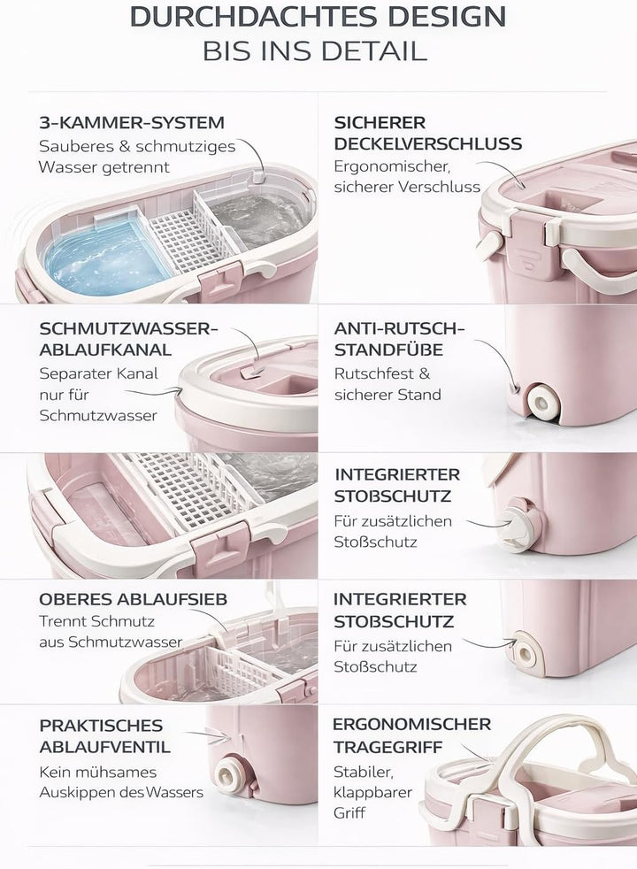 VIP Ahmet Bodenwischer Set mit Eimer zur Trennung von Schmutzwasser - 3-Kammern Flachmop System - 14