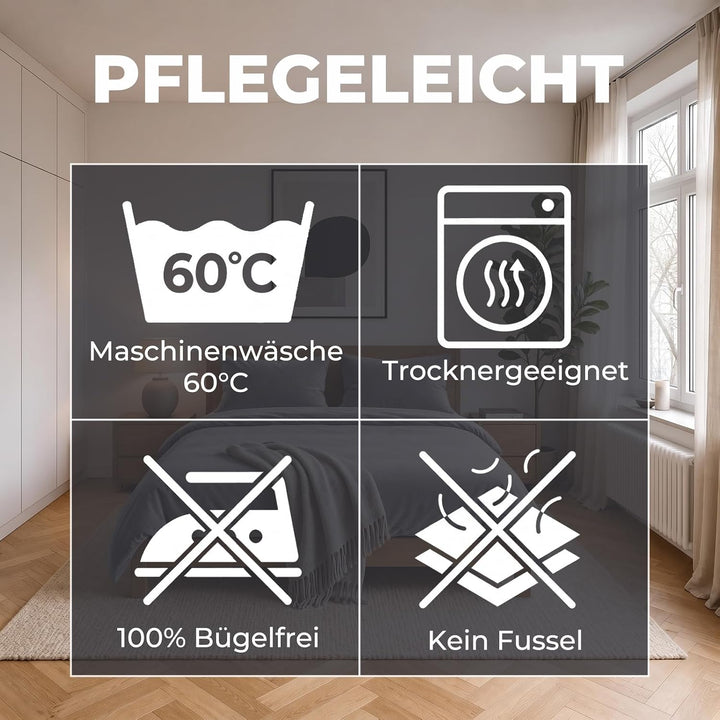 Soifox Winter Flanell Bettwäsche 180x200 - Grau Flauschige und Warme Cashmere Touch Bettbezug + Kiss