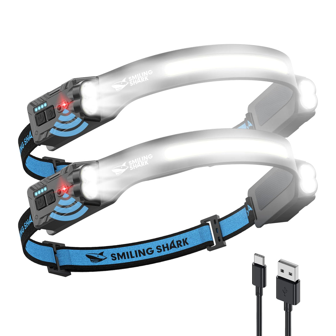 Smiling Shark Kopflampe, 2400mAh Ultra-Helle Wiederaufladbare Headlamp 2 Stück Weisses Licht & 2*Sch