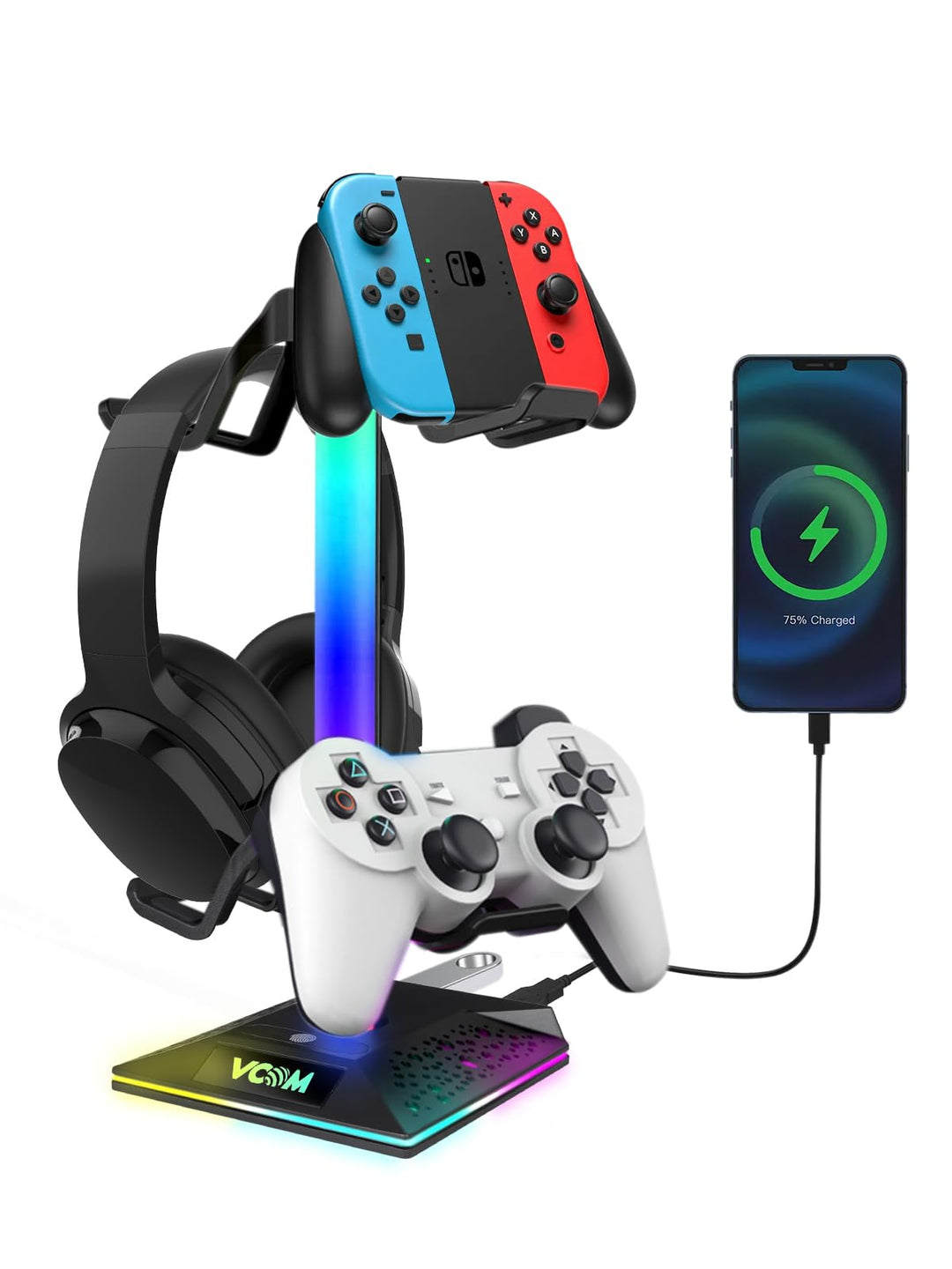 VCOM RGB Gaming Kopfhörer Ständer mit 10-Licht Modi, Controller Halter mit 2 USB Ports, PC Gaming Zu