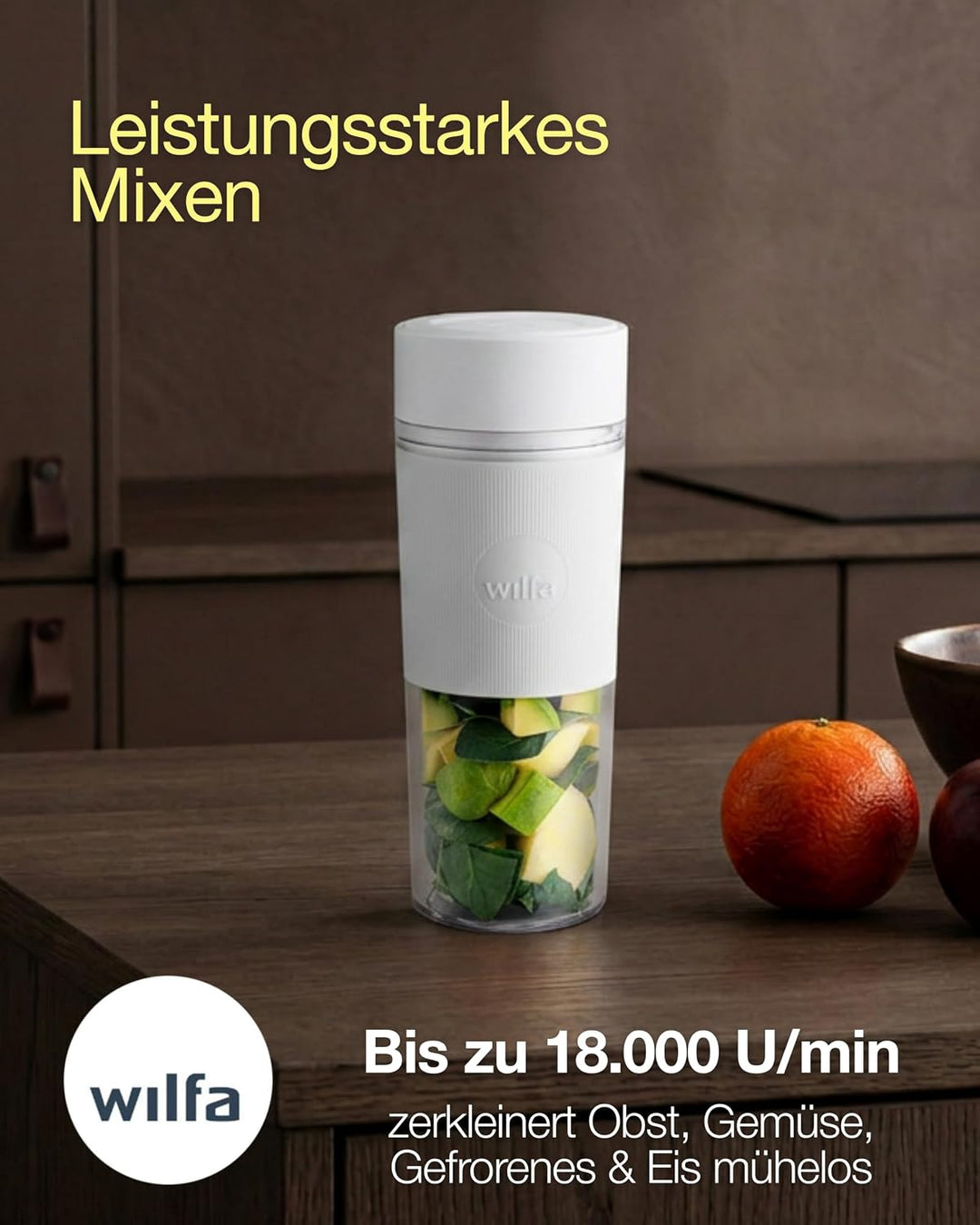Wilfa SWIFT Akku-Mixer I 300ml Tritan-Behälter BPA-frei I zerkleinert Obst, Gemüse, Gefrorenes & Eis