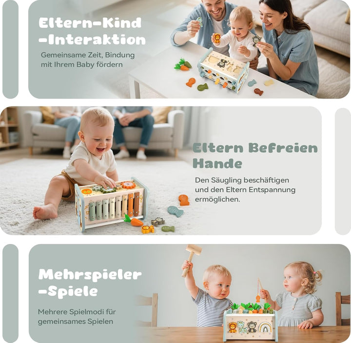 Montessori Spielzeug ab 1 Jahr, 6 in 1 Holzspielzeug ab 1 Jahr, Motorikspielzeug mit Hammerspiel Ang