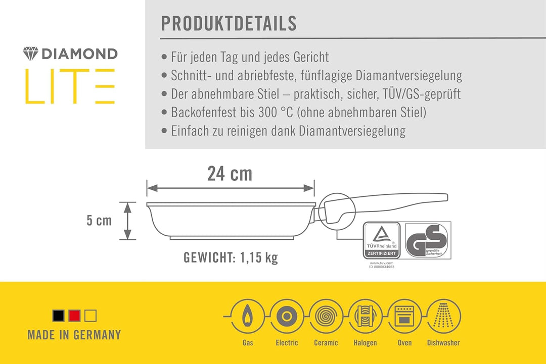 Woll Diamond Lite Flachpfanne, Ø 24 cm, 5 cm hoch, mit abnehmbarem Stiel - Geeignet für Ceran, Gas,