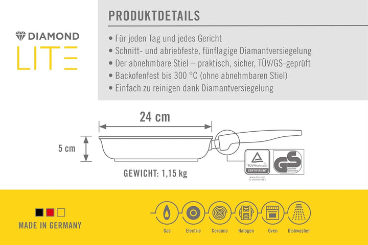 Woll Diamond Lite Flachpfanne, Ø 24 cm, 5 cm hoch, mit abnehmbarem Stiel - Geeignet für Ceran, Gas,