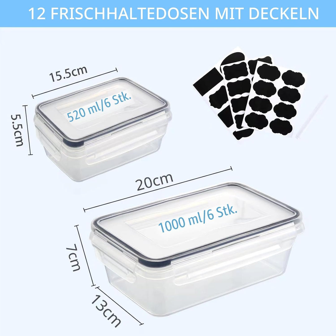 12 Frischhaltedosen mit Deckel, Gefrierdosen, meal prep boxen, 6 x 1L/0.52L, BPA-frei,luftdicht, mik