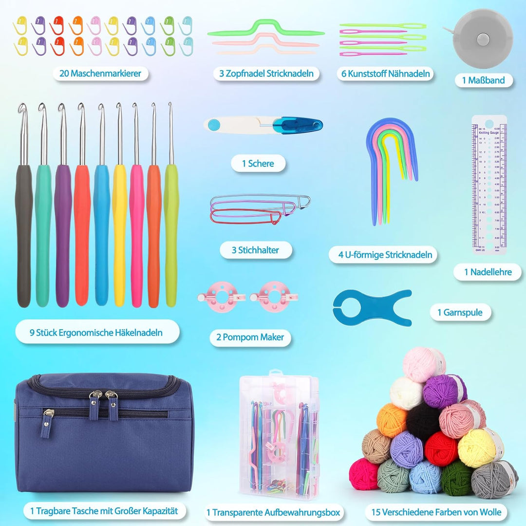 Coopay Tragbar Häkelset für Anfänger, Häkelnadel Set mit 15 Wolle, Tasche, Häkelzubehör, Ergonomisch