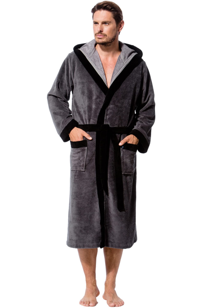 Morgenstern Bademantel Herren mit Kapuze Luxus Frottee Velours Lang M Anthrazit, M Anthrazit