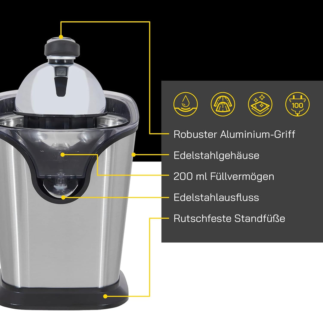 Zitruspresse JUICE 3020 | Edelstahl Auslauf | Zwei Pressaufsätze | Edelstahloberfläche | 100 Watt |